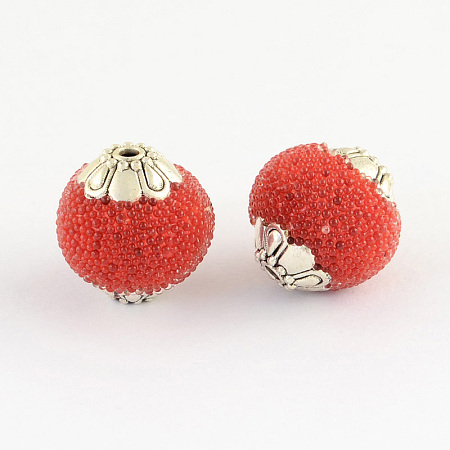 Honeyhandy Round Handmade Indonesia Beads, with , Antique Silver Metal Color Alloy Cores, Red, 13~15x13~14mm, Hole: 1.5mm