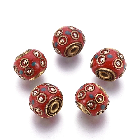 Round Handmade Indonesia Beads, with Brass Cores, Unplated, Red, 13x14mm, Hole: 3mm