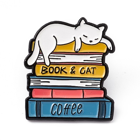 Honeyhandy Book & Cat Coffee Enamel Pin, Electrophoresis Black Alloy Brooch for Cat Person, Book Pattern, 31x27x2mm, Pin: 1.3mm
