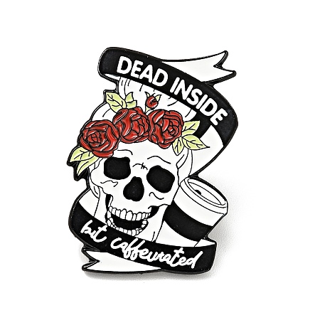Honeyhandy Skull with Rose Halloween Enamel Pin, Word Dead Inside But Caffeinated Alloy Badge for Backpack Clothes, Electrophoresis Black, Red, 27x20x1.5mm