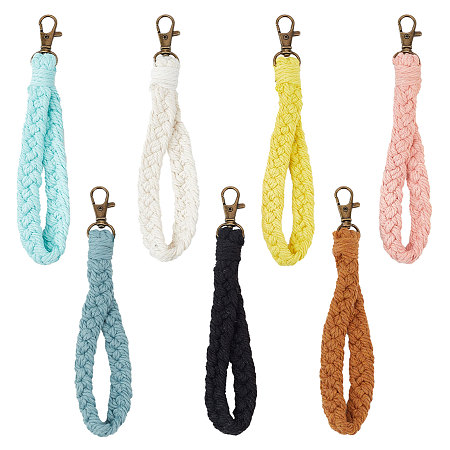 CRASPIRE 7Pcs 7 Colors Cotton Braided Wristlet Straps, Short Purse Straps, Clutch Bag Wrist Strap, Keychain Lanyard, Hand Strap Replacement, with Iron Swivel Clasp, Mixed Color, 17x1.4cm, 1pc/color