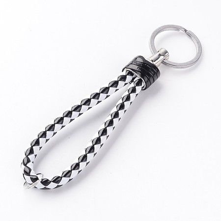 PandaHall Elite Black and White Braided PU Leather Key Chains with Platinum Plated Iron Findings 130mm
