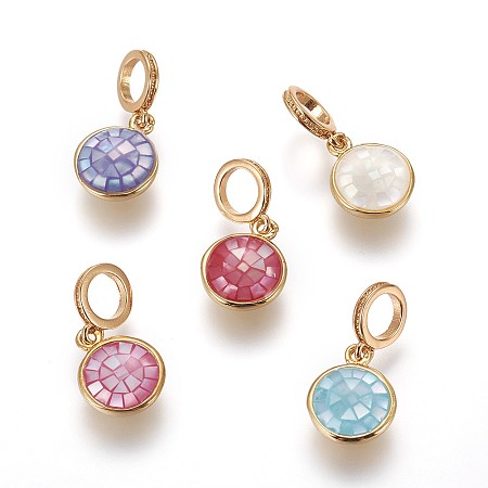 Brass Enamel European Dangle Beads, Large Hole Pendants, with Freshwater Shell, Flat Round, Golden, Mixed Color, 20.5mm, Hole: 5mm; Pendant: 9.5x4mm