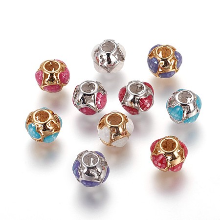 Brass European Beads, Large Hole Beads, with Enamel and Freshwater Shell, Round with Heart, Mixed Color, 11x10mm, Hole: 4.2mm