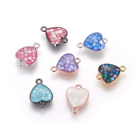 Brass Enamel Links connectors, with Freshwater Shell, Heart, Mixed Color, 14x10x3mm, Hole: 1.2mm