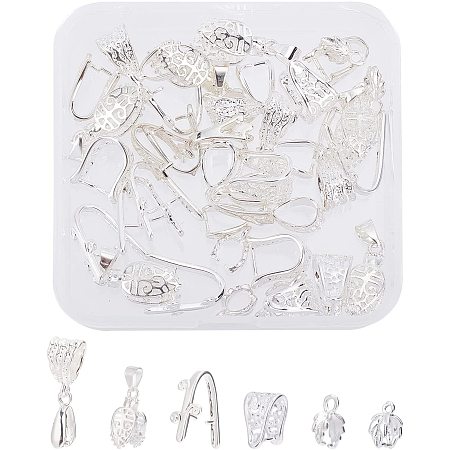 SUPERFINDINGS 36Pcs 6 Style Brass and Alloy Ice Pick Pinch Bails Rack Plating Brass Pendant Pinch Bails Filigree Leaf Pinch Clip Bail Clasp Silver Snap On Bails for Jewelry Making