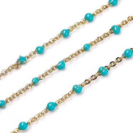 ARRICRAFT Handmade Enamel Beaded Chains, Brass Cable Chains, with Spool, Long-Lasting Plated, Soldered, Real 18K Gold Plated, Dark Cyan, 1.5mm, about 32.8 Feet(10m)/roll