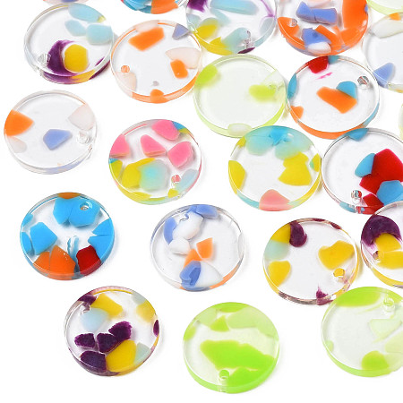 Transparent Cellulose Acetate(Resin) Pendants, Flat Round, Mixed Color, 15.5x2.5mm, Hole: 1.5mm, Pin: 0.7mm