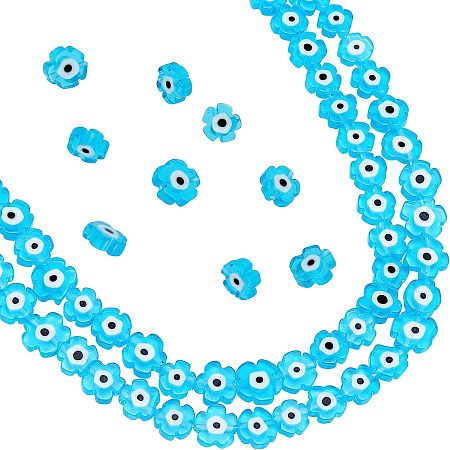 NBEADS About 100 Pcs Flower Shaped Evil Eye Beads Flat, 7mm Handmade Lampwork Beads Spacer Evil Eye Charms Turkish Loose Beads for Bracelet Earring Necklace DIY Jewelry Making, Deep Sky Blue