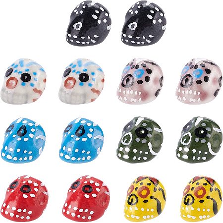 PandaHall Elite 14pcs Skull Head Porcelain Beads 7 Styles Colorful Skull Charm Beads 14mm/0.5