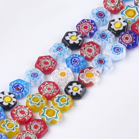 ARRICRAFT Millefiori Lampwork Beads Strands, Hexagon, Mixed Color, 8~8.5x8~8.5x3mm, Hole: 1mm, about 48pcs/strand, 14.9 inches