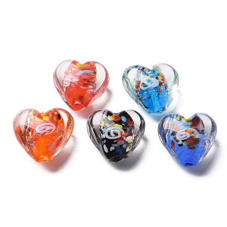 Handmade Lampwork Beads, with Inner Flower, Heart, Mixed Color, 15x15~16x9mm, Hole: 1.2mm