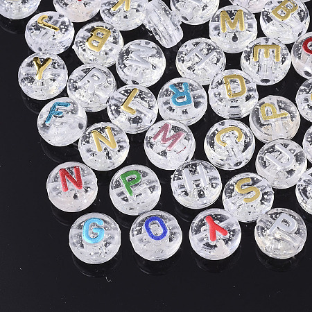 Arricraft Transparent Acrylic Beads, with Glitter Powder, Flat Round with Letter, Mixed Color, 9.5x6mm, Hole: 2mm, about 1700pcs/500g