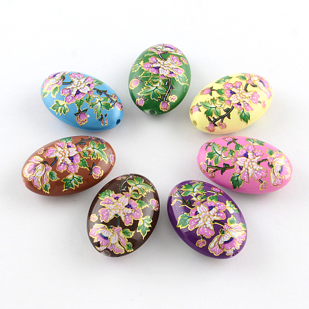 Arricraft Oval Flower Printed Acrylic Beads, Opaque, Mixed Color, 19x13.5x6mm, Hole: 2mm