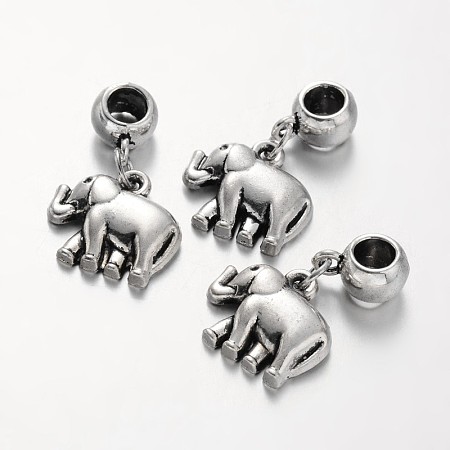 Elephant Tibetan Style Alloy European Dangle Beads, Antique Silver, 33mm, Hole: 5mm