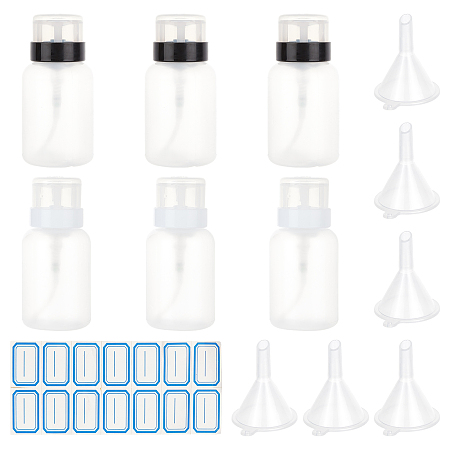 CHGCRAFT Empty Plastic Press Pump, Nail Polish Remover Clean Liquid Water Storage Bottle, with Plastic Funnel Hopper and Label Paster, Clear, 6x8.5cm, Capacity: 200ml(6.76 fl. oz), 2 colors, 3pcs/color, 6pcs