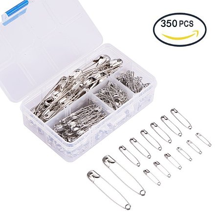 BENECREAT 4 Sizes Platinum Iron Safety Pins Sets for Craft, Sewing, Clothing, about 350pcs/box