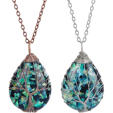 BENECREAT 4Pcs Tear Drop Abalone Shell Pendent Necklace Copper Wire Wrapped Handmade Jewelry, Tree of Life Pendant Necklace for Wedding Holiday Gift