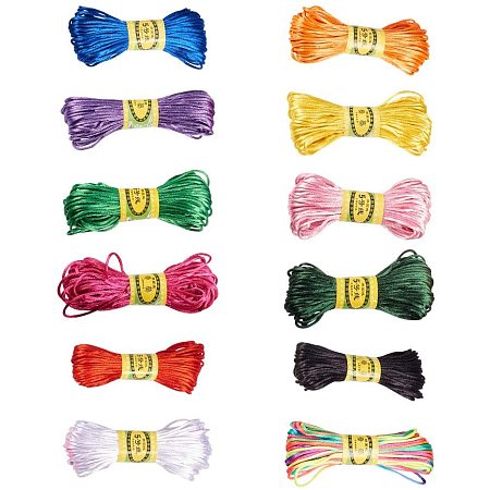 NBEADS 12 Bundles 21.87 Yards/Bundle Rattail/Satin Braided Nylon Silk Cords, 12 Assorted Colors Chinese Knotting Cords with Diameter 2.5mm for Beading Bracelet Necklace Jewelry Making