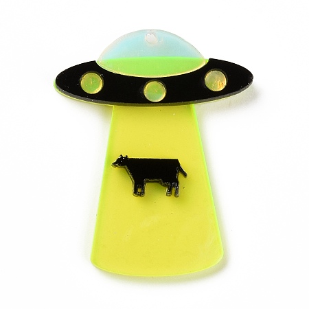Honeyhandy Transparent Acrylic Pendants, UFO with Cattle, Yellow Green, 43x34x4.5mm, Hole: 1.5mm