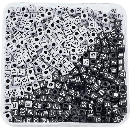 CHGCRAFT 644~702pcs 7mm Acrylic Cube Beads Black and White Acrylic European Beads Constellation Spacer Beads Zodiac Sign Large Hole Cube Beads for Jewelry Making