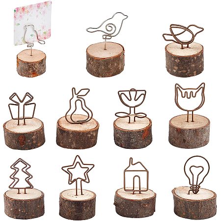 GORGECRAFT 10 Styles Wooden Base Place Card Holders Creative Wood Picture Table Wire Holder Stand Rustic Iron Wire Picks Clip Desktop Photo Memo Note Tabletop Display Party Decorations