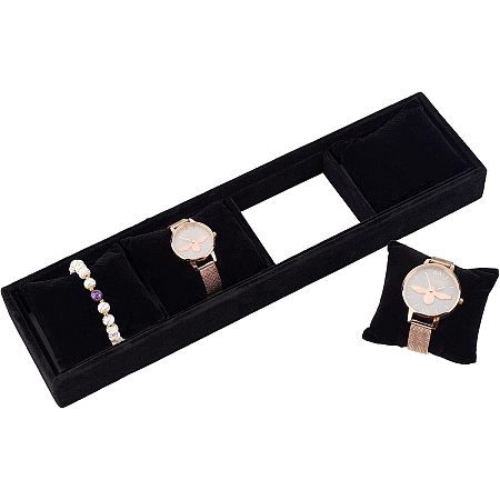 AHANDMAKER 4 Grids Jewelry Watch Show Box, Velvet Watch Pillows Tray, Stackable Watch Organizer, Watch Display Tray for Watch Bracelet Gifts (Black)