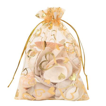 ARRICRAFT 100 PCS 5x7 Inches Heart Printed Goldenrod Organza Bags Jewelry Pouch Bags Organza Velvet Drawstring Pouches Wedding Favors Candy Gift Bags