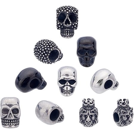 UNICRAFTALE 10pcs Mixed Shape Skull Beads Stainless Steel Skull Spacer Beads 5-6mm Large Hole Beads European Beads Halloween Decoration for DIY Necklace Bracelets Jewelry Making 5-16mm