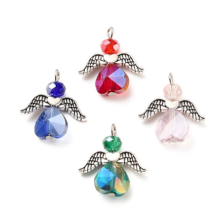 Honeyhandy Electroplate Glass Pendants, with Wing Alloy Beads and Iron Findings, Angel, Antique Silver & Platinum, Mixed Color, 22~23x20x6~7mm, Hole: 2mm