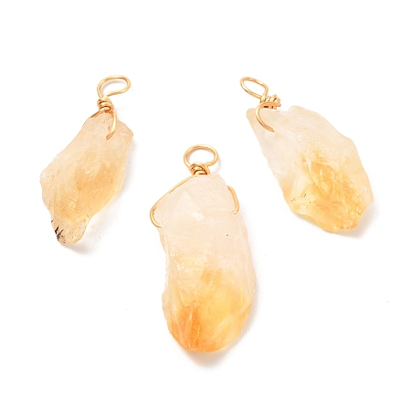 Honeyhandy Natural Citrine Pendants, with Real 18K Gold Plated Eco-Friendly Copper Wire, Nuggets, 27.5~32x11~13x6.5~12mm, Hole: 3mm