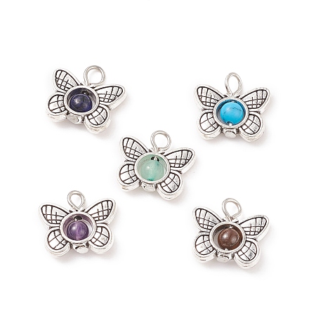 Natural & Synthetic Stone Pendants, Butterfly Charm, with Antique Silver Tone Alloy Findings, 14x15.5x4.5mm, Hole: 2.7mm