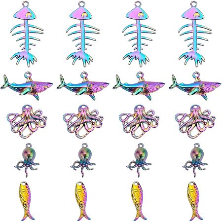 PandaHall Elite 20pcs Ocean Fish Charms, Rainbow Alloy Seaside Sea Creatures Beach Charms Beach Animal Pendant Fishbon Fish Shark Octopus Pendants for Necklace Jewelry Keychain Keyring Bag Decor