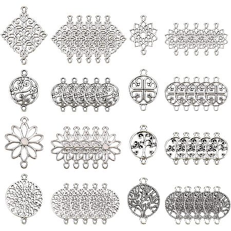 SUNNYCLUE 1 Box 80Pcs 8 Styles Flat Round Flower Charms Tibetan Style Link Connectors Charm Tree of Life Pendants Rhombus Links for Women DIY Earring Necklace Bracelet Jewellery Making