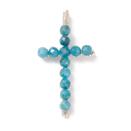 Honeyhandy Natural Apatite Faceted Round Beads Pendants, with Silver Color Plated Brass Findings, Cross Charms, 41.5~43x21~23x5~6mm, Hole: 2x3.5mm