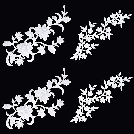 PandaHall Elite 4Pcs 2 Style Computerized Embroidery Cloth Iron On Patches, Stick On Patch, Appliques, for Support Pillow, Curtain, Costume Accessories, Flower, White, 242~323x110~122x1mm, 2pcs/style