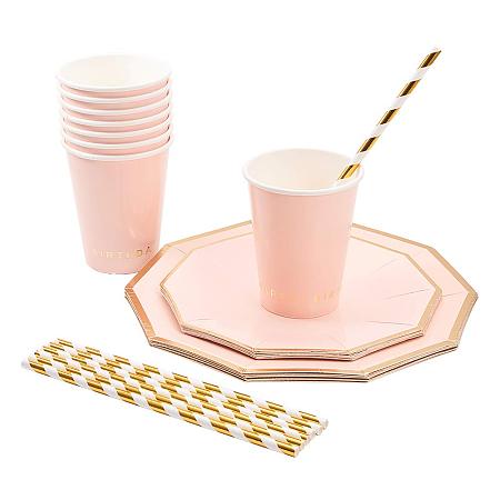 PandaHall Elite 49 Pack Disposable Paper Dinnerware Set Birthday Party Supplies Pink Stripe Design with Dinner Plates, Dessert Plates, Cups, Straws