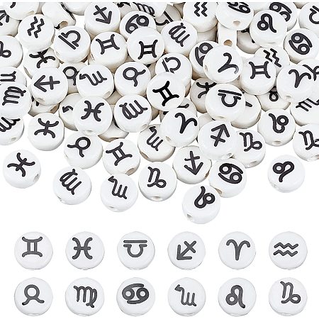 arricraft 120 Pcs Flat Round Ceramic Beads, 10mm Constellation Spacer Beads Zodiac Sign Loose Beads for Necklace Bracelet DIY Jewelry Crafts Making (White)