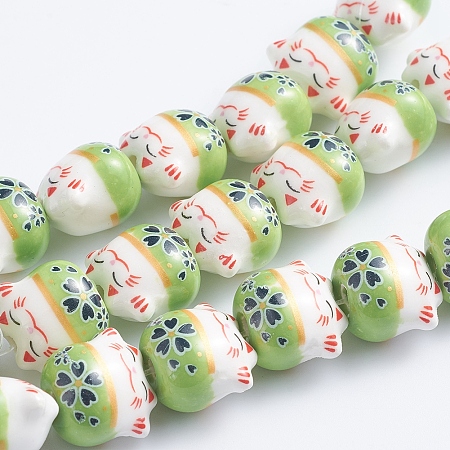 Handmade Printed Porcelain Beads, Lovely Cat, Lawn Green, 14x14x11.5mm, Hole: 2mm; about 25pcs/Strand, 12.20''(31cm)