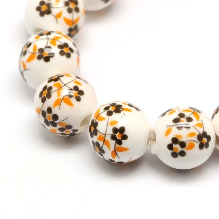 Honeyhandy Handmade Flower Printed Porcelain Ceramic Beads Strands, Round, Orange, 10mm, Hole: 2mm, about 35pcs/strand, 13.5 inch
