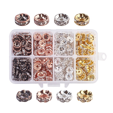 Brass Rhinestone Spacer Beads, Grade AAA, Wavy & Straight Flange, Rondelle, Mixed Color, 11x7x3cm; 25pcs/color, 200pcs/box