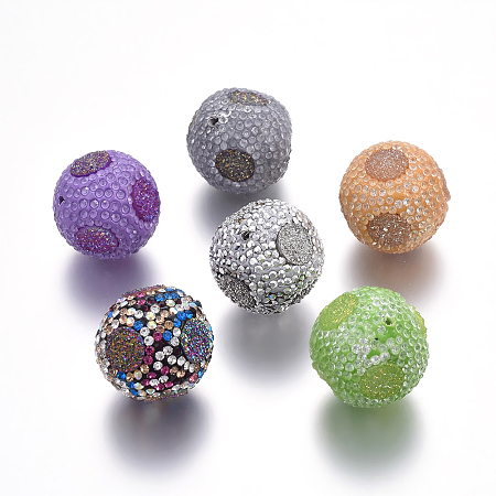 NBEADS Polymer Clay Rhinestone Beads, with Druzy Resin, Round, Mixed Color, 20.5~21.5mm, Hole: 1.5mm