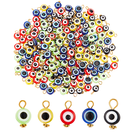 DICOSMETIC 200Pcs Evil Eye Resin Pendants, with Antique Golden Tone Alloy Daisy Spacer Beads, Flat Round Charm, Mixed Color, 16.5~17x10x6mm, Hole: 2.5~3mm