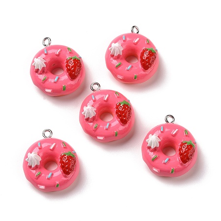 Honeyhandy Opaque Resin Pendants, with Platinum Tone Iron Loops, Donut, Cerise, 25x22x13.5mm, Hole: 2mm