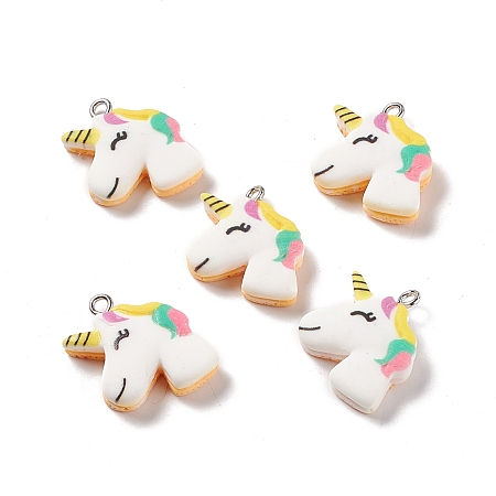 Honeyhandy Opaque Resin Unicorn Pendants, with Platinum Tone Iron Loops, Colorful, 22.5x19x6mm, Hole: 2mm