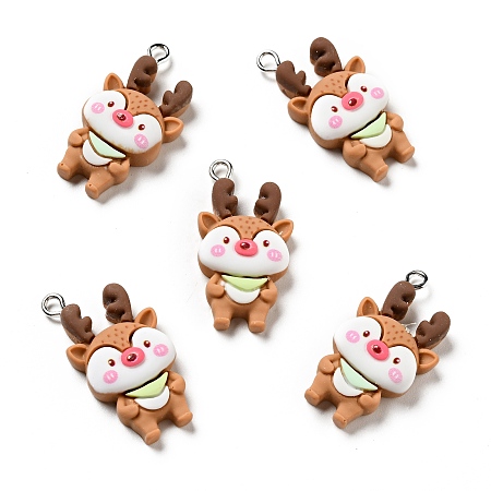 Honeyhandy Christmas Opaque Resin Pendants, with Platinum Tone Iron Loops, Reindeer/Stag Charm, Sandy Brown, 30.5x16x7mm, Hole: 2x2.4mm
