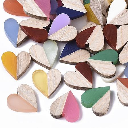 Honeyhandy Resin & Wood Two Tone Cabochons, Heart, Mixed Color, 15x14.5x3mm