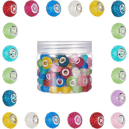 SUNNYCLUE 1 Box 100Pcs 10 Colors European Beads Resin Large Hole Rondelle Slide Bead Spacers with Rhinestone for DIY Bracelet Jewelry Making Craft, 14mm in Diameter, 10mm Thick, Hole: 5mm