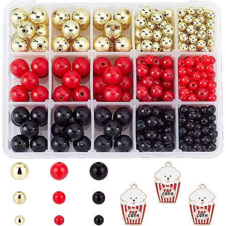 SUPERFINDINGS Jewelry DIY Kit Include 504Pcs 10 Style Round Opaque Acrylic Beads with 24pcs Alloy Enamel Popcorn Pendants for Movie Night Party Supplies Jewelry Craft Makin