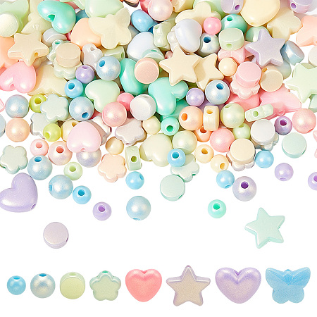 AHANDMAKER 220 Pcs Plastic Pastel Beads, Imitation Jelly Acrylic Beads Star Heart Round Acylic Beads Spray Painted Frosted Opaque Spacer Beads for DIY Jewellry Bracelets Necklaces Earrings Making